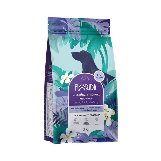 Florida сухой корм для взрослых собак средних и крупных пород с индейкой, ягненком и черникой - 3 кг