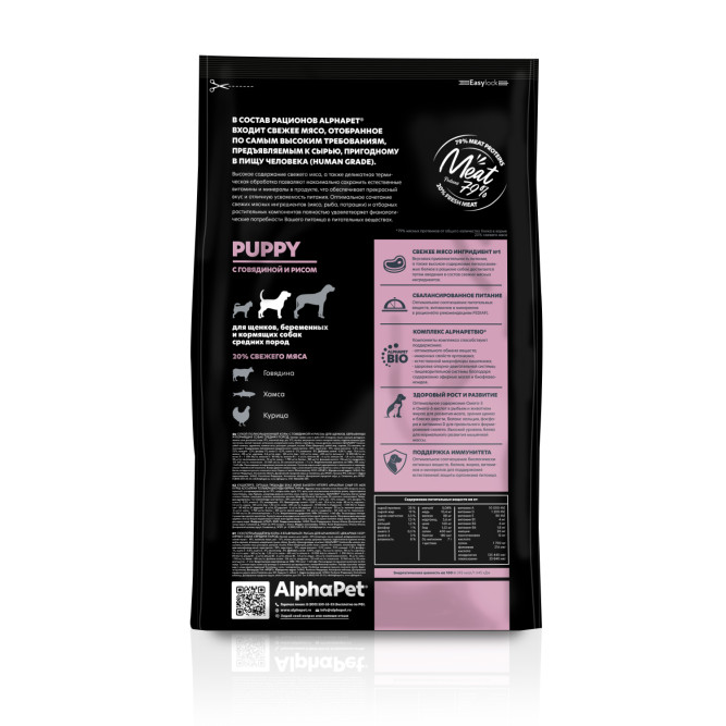 AlphaPet Superpremium сухой полнорационный корм для щенков, беременных и кормящих собак средних пород с говядиной и рисом - 2 кг