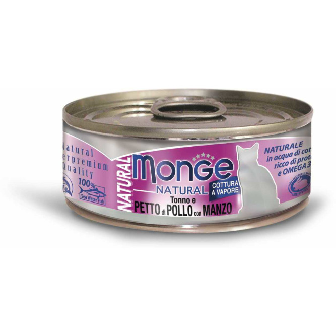 Monge Cat Natural влажный корм для взрослых кошек с тунцом, курицей и говядиной в консервах 80 г (24 шт в уп)