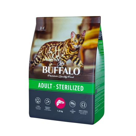 Mr.Buffalo Castrated полнорационный сухой корм для взрослых стерилизованных котов и кошек с лососем - 1,8 кг