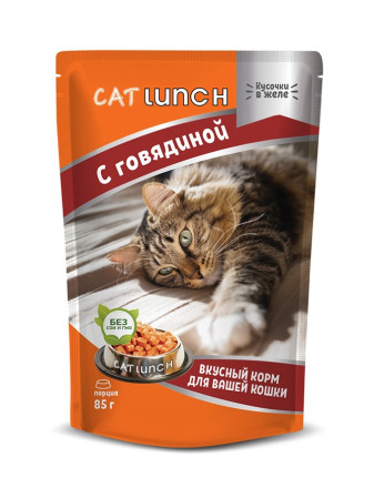 Cat Lunch влажный корм для взрослых кошек кусочки в желе с говядиной, в паучах - 85 г х 24 шт