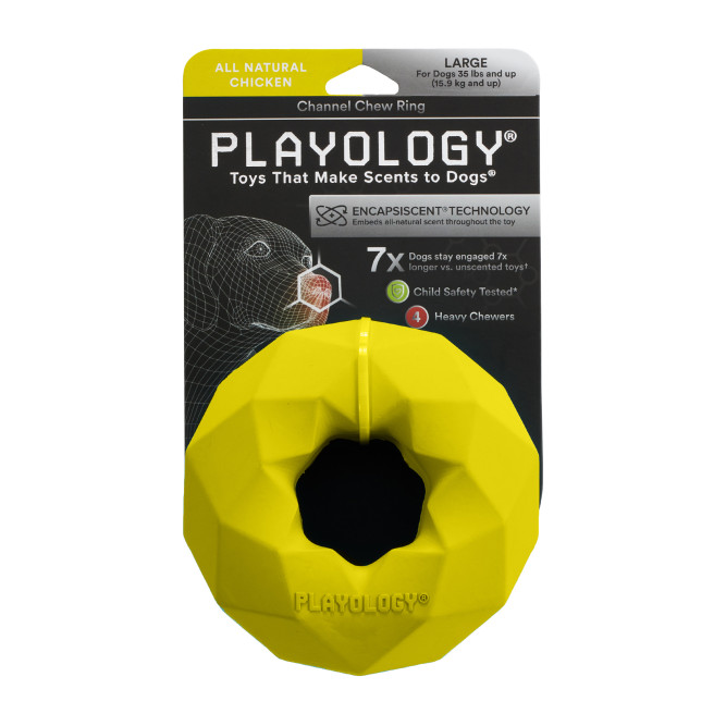 Playology CHANNEL CHEW RING хрустящее жевательное кольцо-многогранник для собак с ароматом курицы, желтый