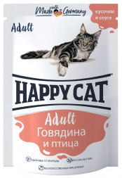 Happy Cat Adult влажный корм для взрослых кошек с говядиной и птицей в паучах - 100 г (22 шт в уп)