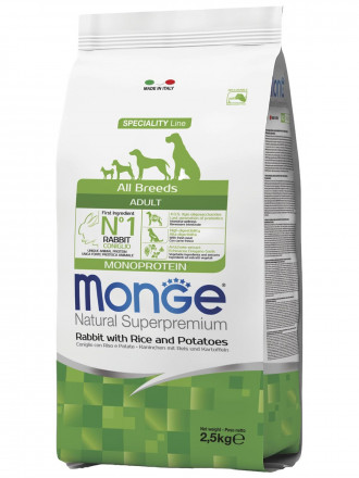 Monge Dog Monoprotein сухой корм для взрослых собак всех пород с кроликом, рисом и картофелем 2,5 кг