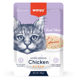 Wanpy Cat влажный корм для взрослых кошек с кусочками курицы и краба, в паучах - 85 г х 12 шт
