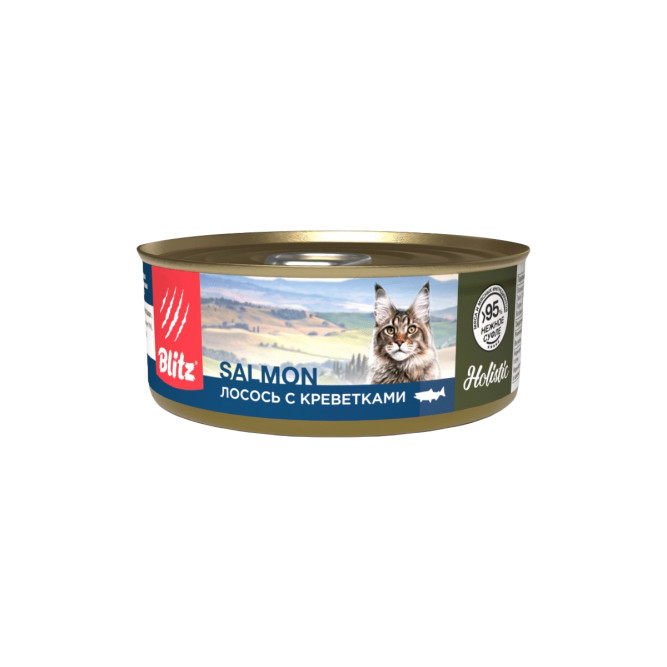 Blitz Holistic влажный корм взрослых для кошек, нежное суфле с лососем и креветками, в консервах - 100 г х 12 шт