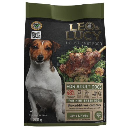 LEO&amp;LUCY сухой холистик корм для взрослых собак мелких пород с ягненком и травами - 800 г