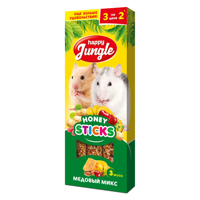 Happy Jungle лакомство для мелких грызунов, палочки, медовый микс - 3 шт