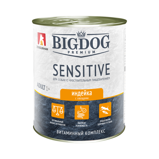 Зоогурман Big Dog Premium Sensitive влажный корм для взрослых собак средних и крупных пород, при чувствительном пищеварении с индейкой и овощами - 850 г х 6 шт
