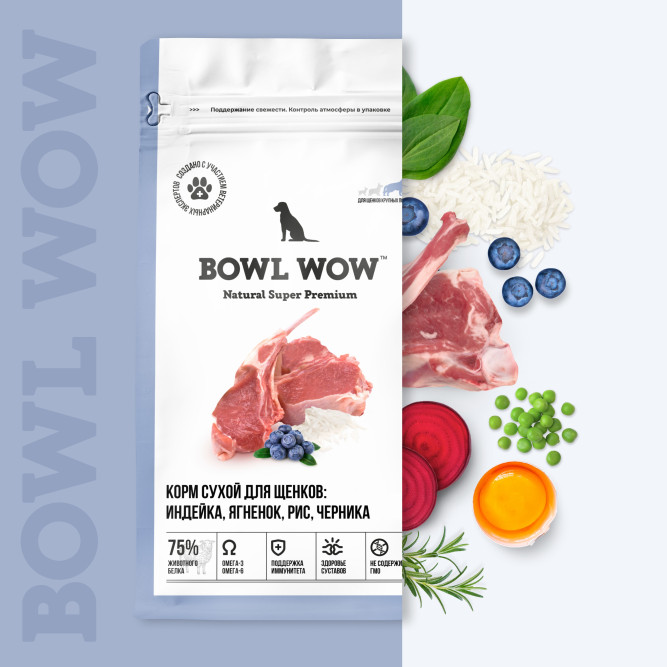 BOWL WOW сухой корм для щенков крупных пород с индейкой, ягненком, рисом и черникой - 5 кг