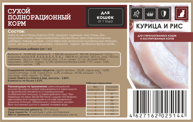 Secret Life Force сухой корм для стерилизованных кошек и кастрированных котов с курицей и рисом - 2 кг