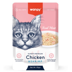 Wanpy Cat влажный корм для взрослых кошек с кусочками курицы и креветок, в паучах - 85 г х 12 шт