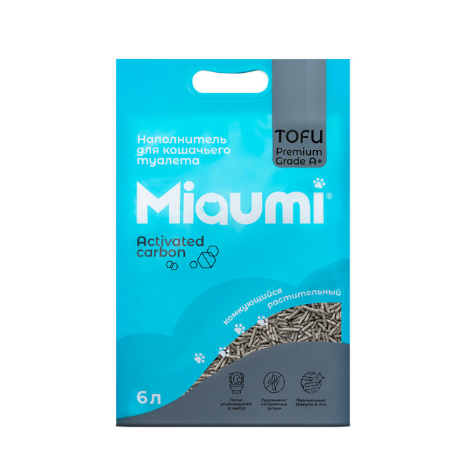 Miaumi TOFU Activated Carbon Unscented наполнитель комкующийся соевый для кошачьего туалета, с активированным углем - 6 л (2,5 кг)