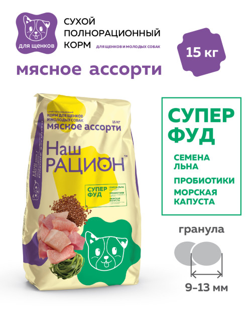 Наш рацион сухой корм для щенков и молодых собак всех пород, мясное ассорти - 15 кг