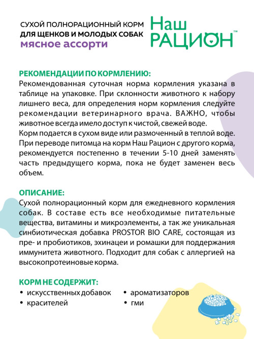 Наш рацион сухой корм для щенков и молодых собак всех пород, мясное ассорти - 15 кг