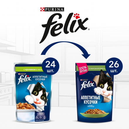 Паучи Felix Аппетитные кусочки для взрослых кошек с кроликом в желе - 85 г х 26 шт