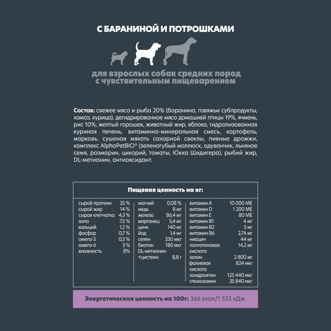 AlphaPet Superpremium сухой полнорационный корм для взрослых собак средних пород с чувствительным пищеварением с бараниной и потрошками - 2 кг