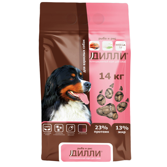 Дилли сухой корм для взрослых собак с рыбой и рисом - 14 кг