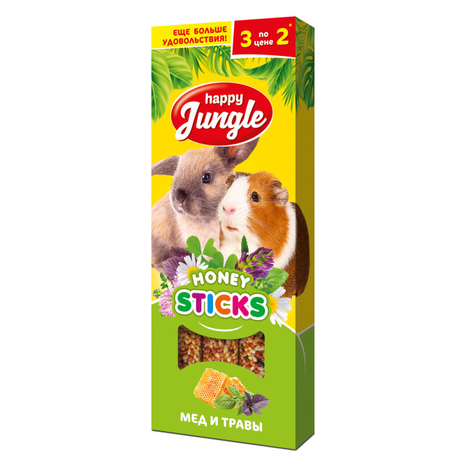Happy Jungle лакомство для крупных грызунов, палочки, мед и травы - 3 шт