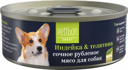Petibon Smart влажный корм для взрослых собак, рубленое мясо с индейкой и телятиной, в консервах - 100 г х 24 шт
