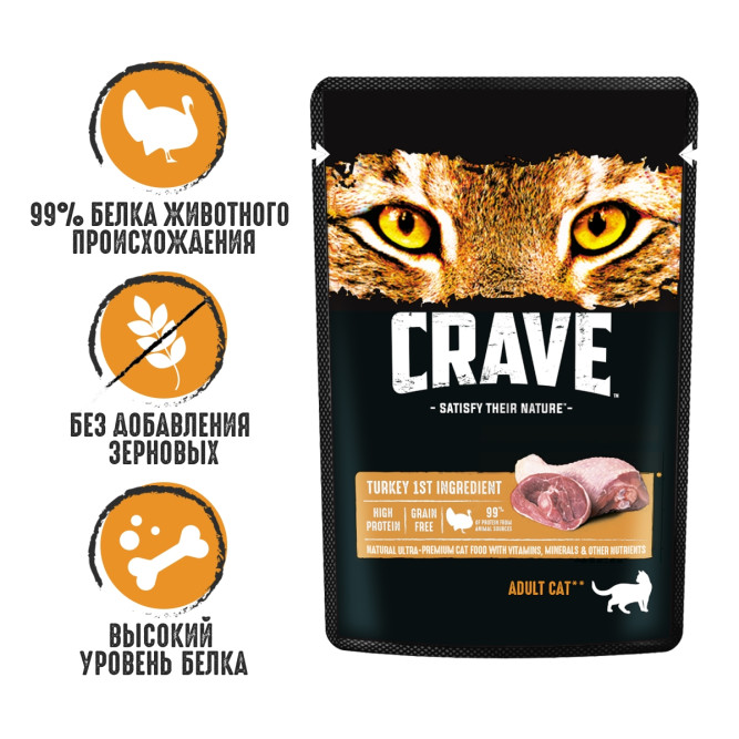 Crave влажный корм для взрослых кошек с индейкой в желе, в паучах - 70 г х 30 шт