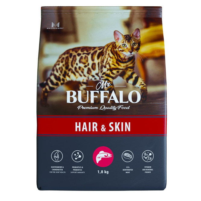 Mr.Buffalo Hair &amp; Skin Adult полнорационный сухой корм для взрослых котов и кошек, для здоровой кожи и красивой шерсти, с лососем - 1,8 кг
