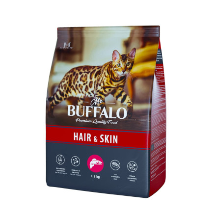 Mr.Buffalo Hair &amp; Skin Adult полнорационный сухой корм для взрослых котов и кошек, для здоровой кожи и красивой шерсти, с лососем - 1,8 кг