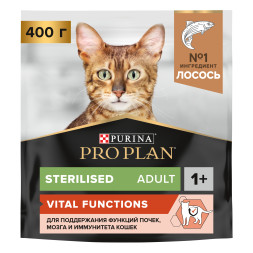 Pro Plan Cat Adult Sterilised Vital Functions сухой корм для стерилизованных кошек для поддержания функций почек, мозга и иммунитета, с высоким содержанием лосося - 400 г