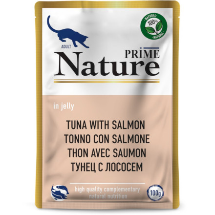 PRIME NATURE корм влажный для взрослых кошек с тунцом и лососем, в паучах, в желе - 100 г x 24 шт