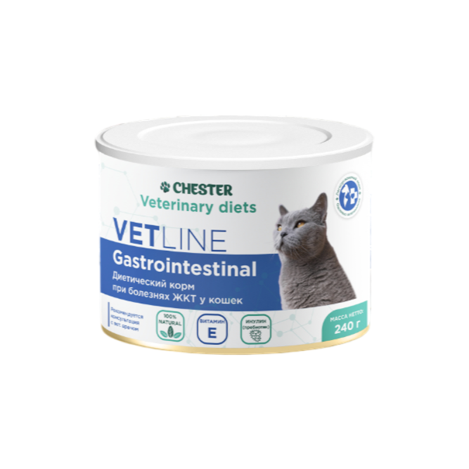 Chester Vetline Gastrointestinal влажный диетический корм для кошек при заболеваниях ЖКТ, с индейкой и курицей, в консервах - 240 г х 12 шт
