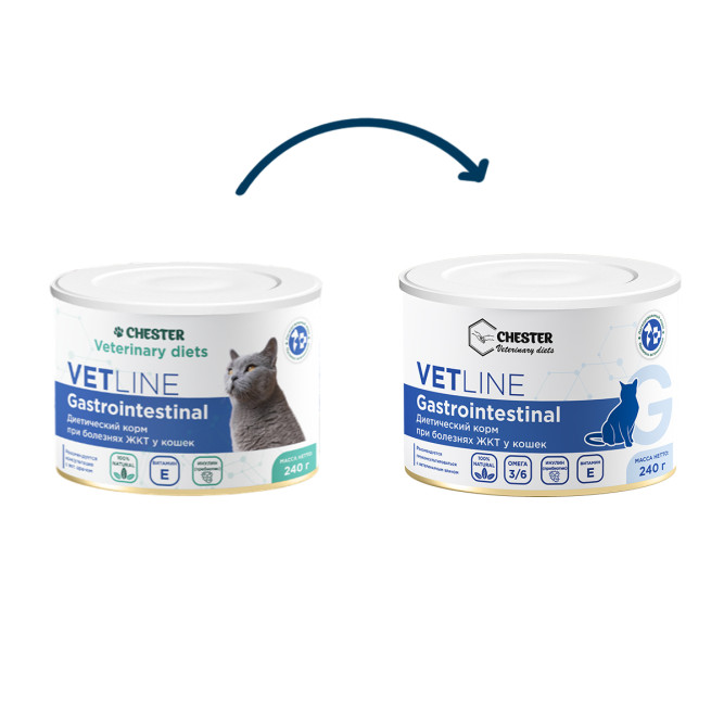Chester Vetline Gastrointestinal влажный диетический корм для кошек при заболеваниях ЖКТ, с индейкой и курицей, в консервах - 240 г х 6 шт