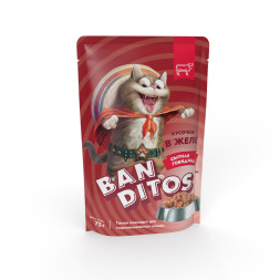 Banditos влажный корм для взрослых кошек, с сытной говядиной, кусочки в желе, в паучах - 75 г x 24 шт