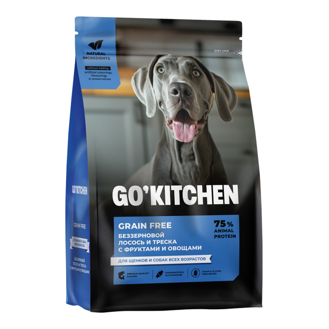 Go' Kitchen Grain Free Salmon&amp;CodFish сухой беззерновой корм для щенков и собак всех пород с лососем, треской, фруктами и овощами - 400 г