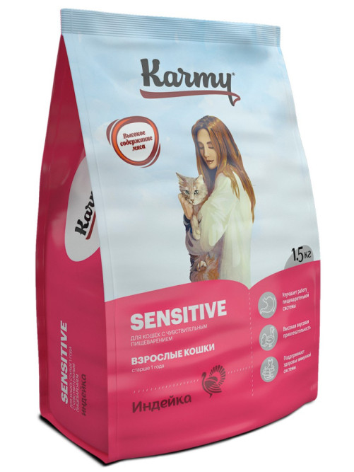 Karmy Sensitive сухой корм для взрослых кошек с чувствительным пищеварением, с индейкой - 1,5 кг