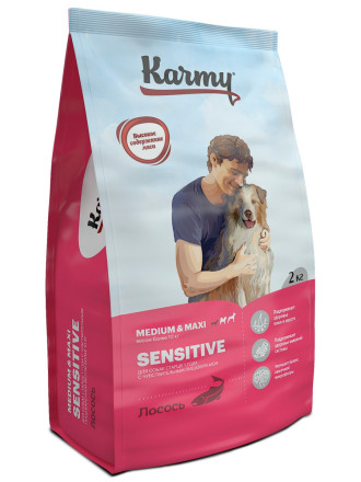 Karmy Sensitive Medium &amp; Maxi сухой корм для взрослых собак средних и крупных пород с чувствительным пищеварением с лососем - 2 кг