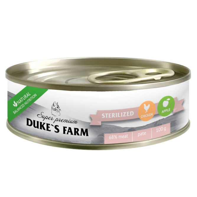 Duke's Farm влажный корм для взрослых стерилизованных кошек, паштет с курицей, яблоком и шпинатом, в консервах - 100 г х 24 шт