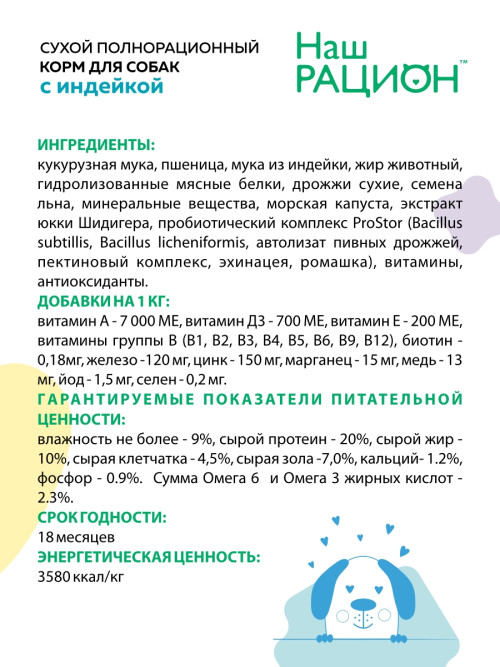 Наш рацион сухой корм для взрослых собак всех пород с индейкой - 15 кг