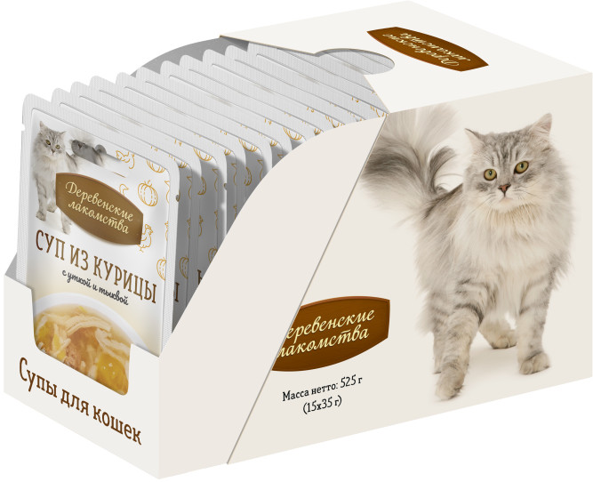 Деревенские лакомства для кошек "Суп из курицы с уткой и тыквой", в паучах - 35 г х 15 шт
