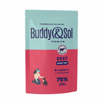 Buddy&amp;Sol Premium Adult для взрослых кошек с телятиной в соусе, в паучах - 85 г х 14 шт