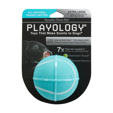 Playology SQUEAKY CHEW BALL хрустящий жевательный мяч для собак с пищалкой и с ароматом арахиса, 8 см, голубой