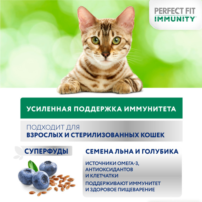Perfect Fit Immunity сухой корм для поддержания иммунитета кошек, с говядиной и добавлением семян льна и голубики - 580 г