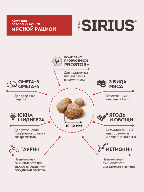 Sirius сухой корм для взрослых кошек, мясной рацион - 1,5 кг