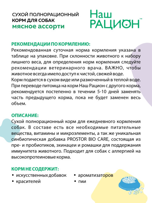Наш рацион сухой корм для взрослых собак всех пород, мясное ассорти - 15 кг