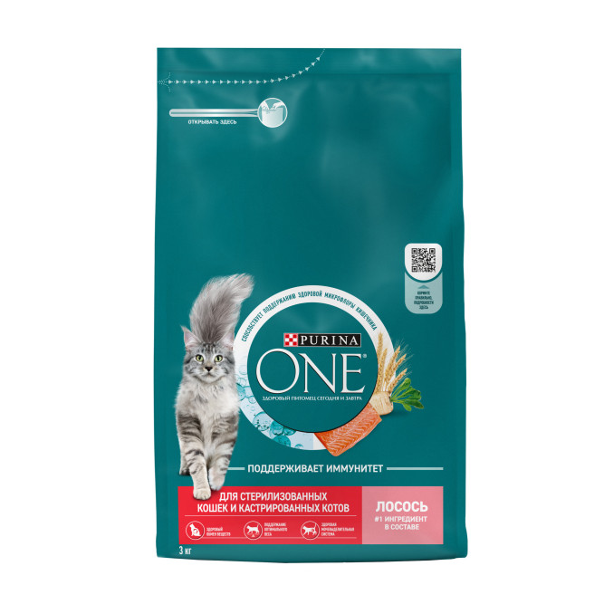 Purina One сухой корм для взрослых стерилизованных кошек с лососем - 3 кг