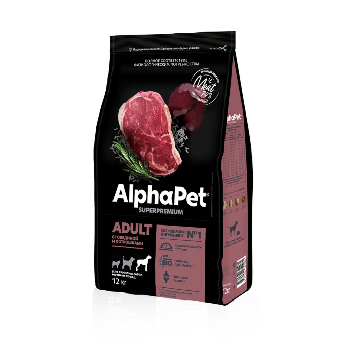 AlphaPet Superpremium сухой полнорационный корм для взрослых собак крупных пород с говядиной и потрошками - 12 кг