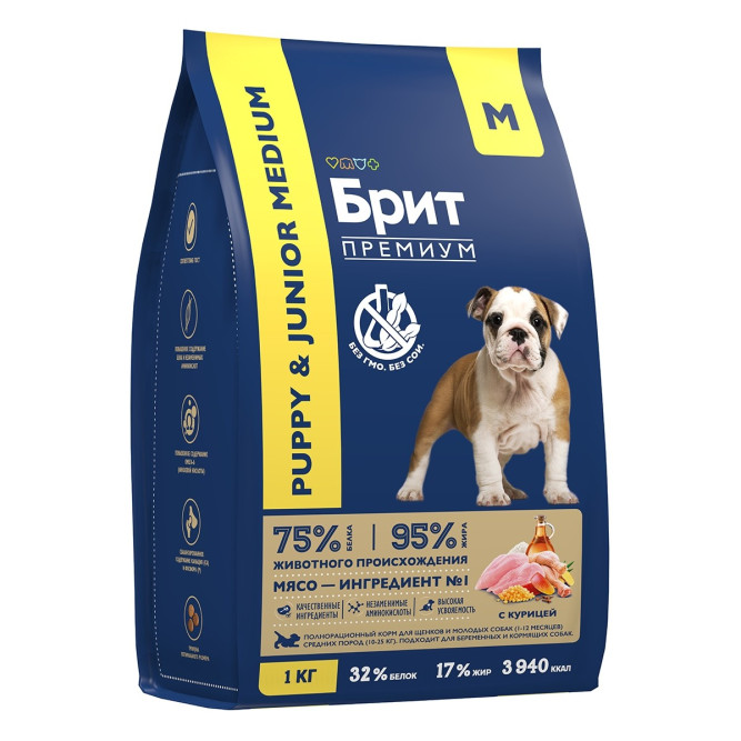 Брит Премиум Dog Puppy and Junior Medium сухой корм для щенков и молодых собак средних пород с курицей - 1 кг