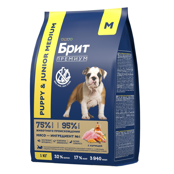 Брит Премиум Dog Puppy and Junior Medium сухой корм для щенков и молодых собак средних пород с курицей - 1 кг