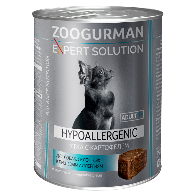 Зоогурман Expert Solution Hypoallergenic влажный корм для взрослых собак всех пород при склонности к аллергии с уткой и картофелем, консервы - 350 г х 12 шт