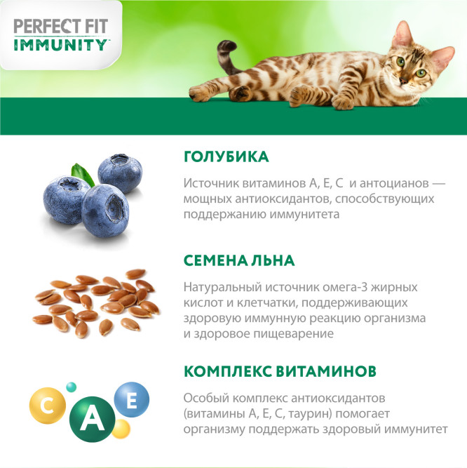 Perfect Fit Immunity сухой корм для поддержания иммунитета кошек, с говядиной и добавлением семян льна и голубики - 1,1 кг