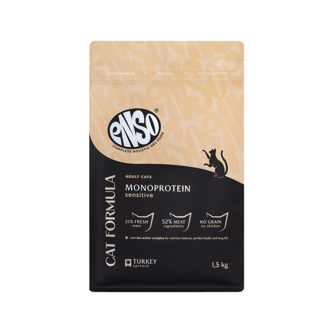 ENSO Cat Formula Monoprotein сухой корм для взрослых кошек с чувствительным пищеварением со свежей индейкой и добавлением шпината - 1,5 кг